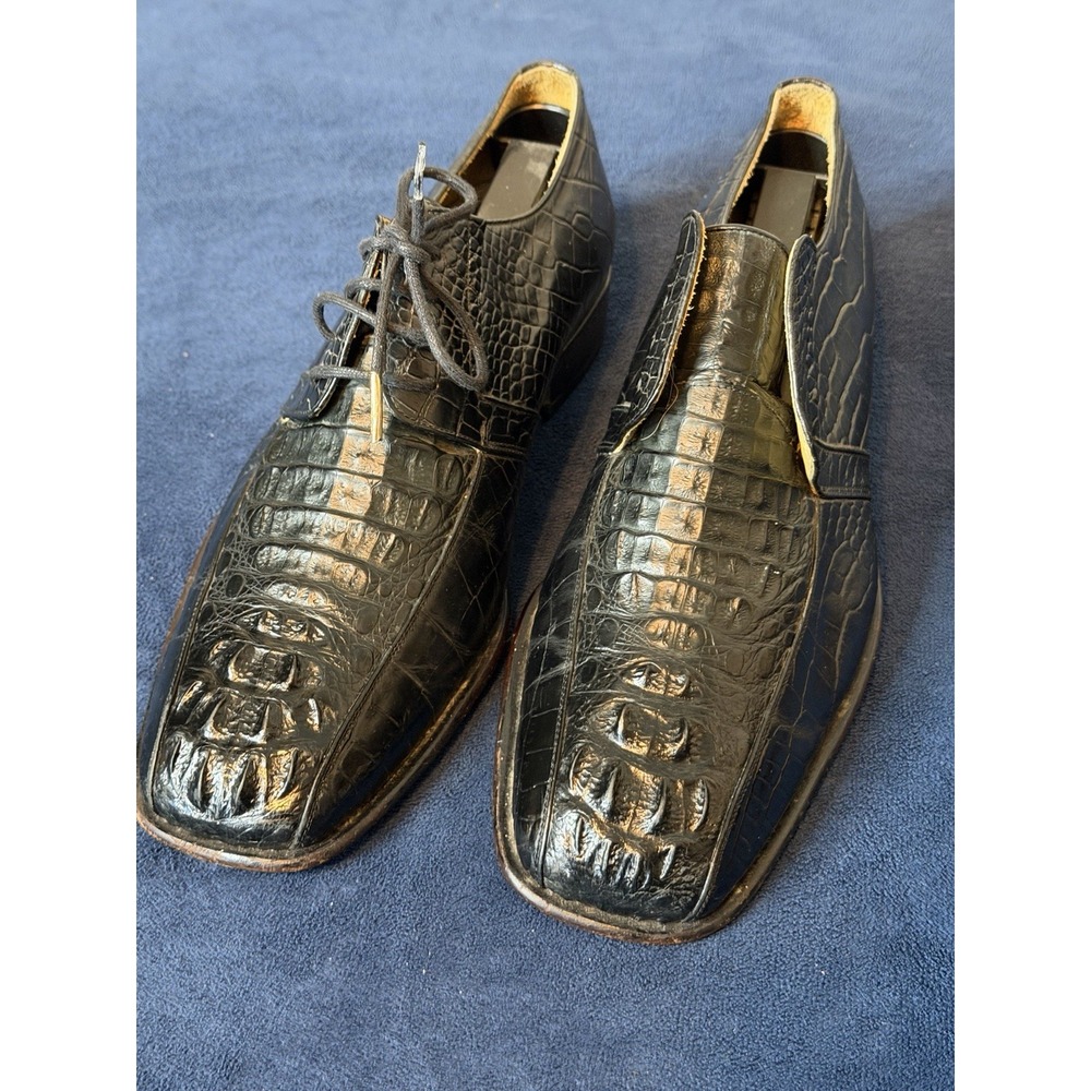 PabDer Handmade Crocodile Oxfords Mens 7.5 Black Dress Shoes Italy HC-001